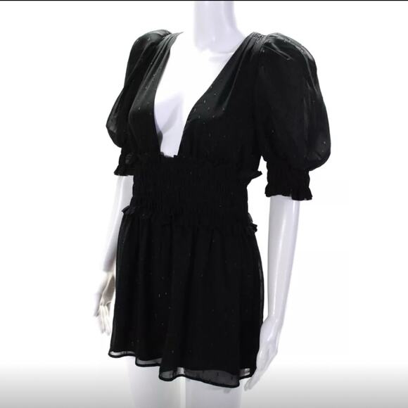 NBD Anya Black Chiffon Open Back Puff Sleeve Romper S - Picture 5 of 10
